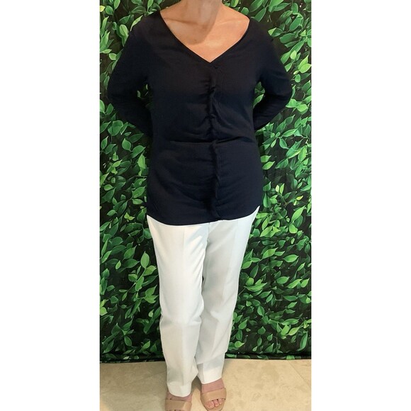 🌙 Ann Taylor Long Sleeve V-Neck Tee –Navy –Cotton Modal –Ruffle Front – Size L - Picture 2 of 5